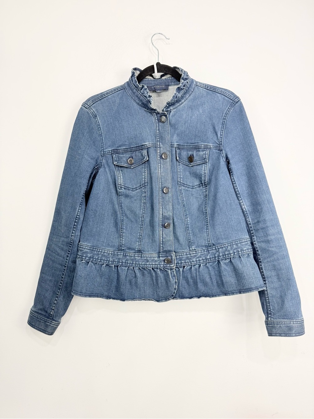 Talbots Medium Blue Wash Ruffle Button Up Peplum Denim Jean Jacket